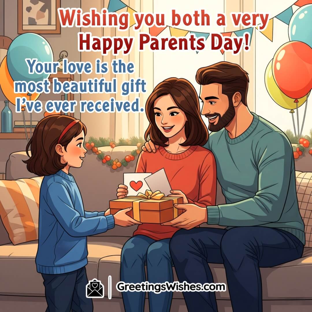 Parents Day Wishes For Cards And Gifts Image featuring a girl giving a handmade card and gift to her parents in a festive room. Symbolizing warmth, affection, and emotional connection.