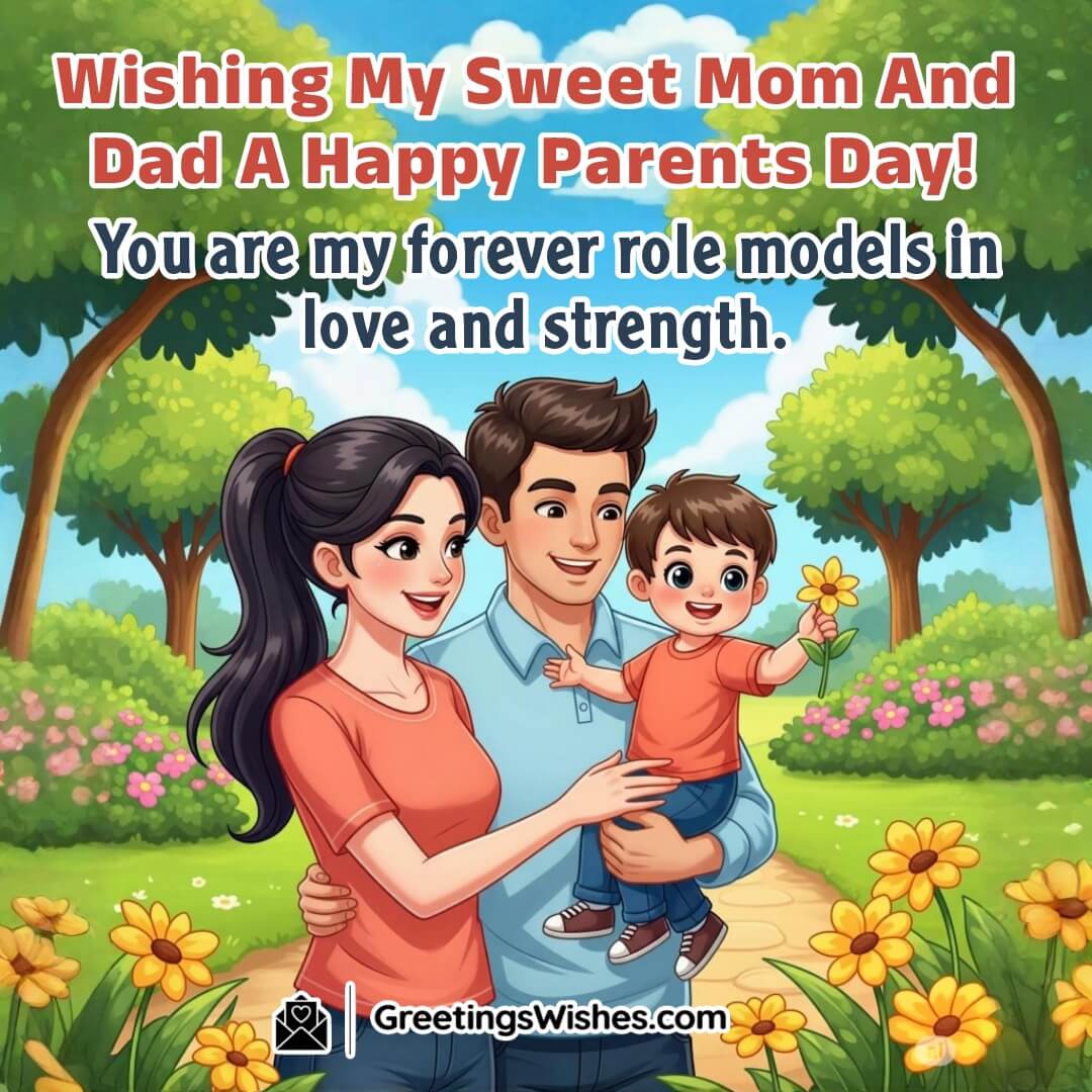 Parents Day Wishes For Mom And Dad Image featuring a smiling young boy holding a flower while standing with his cheerful parents in a garden. Symbolizing love, admiration, and strong family bonds.