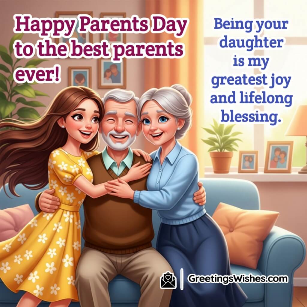 Parents Day Wishes From Daughter Image featuring a daughter hugging her elderly parents on a couch. Symbolizing love and lifelong gratitude.