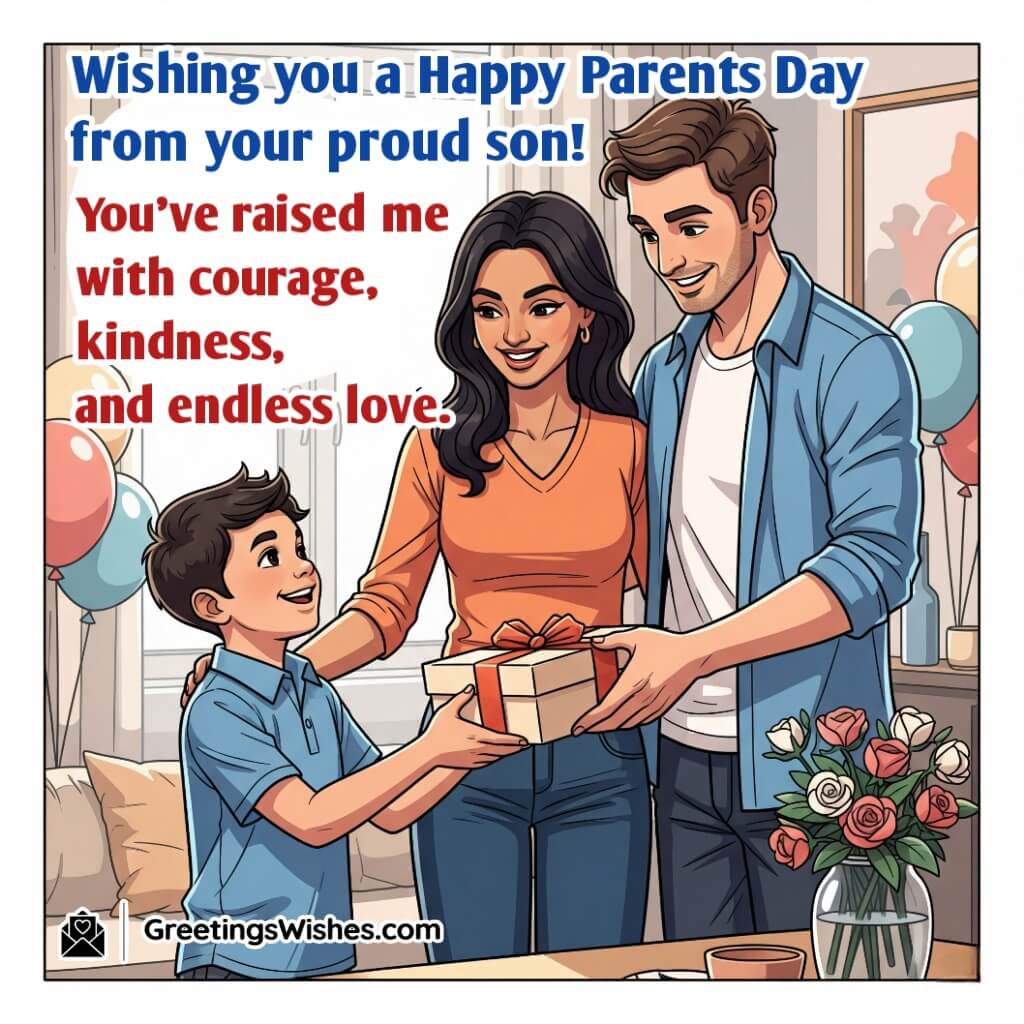 Parents Day Wishes From Son Image featuring a boy giving a gift to his parents. Symbolizing appreciation and unconditional love.
