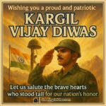 Patriotic Kargil Vijay Diwas image featuring an Indian soldier saluting with flag on mountain terrain, symbolizing national pride and tribute to courageous martyrs.