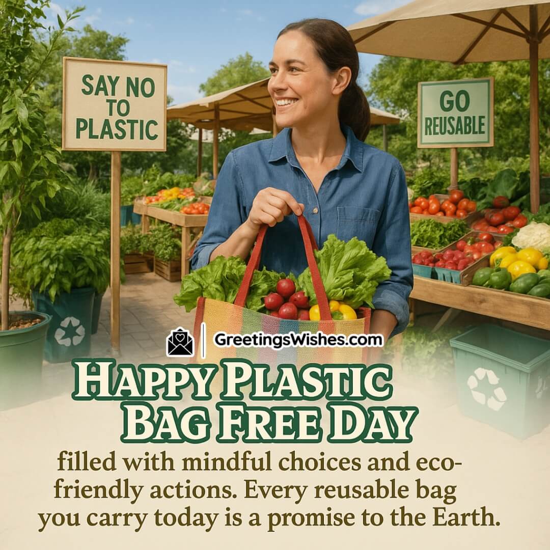 Happy Plastic Bag Free Day Image featuring a person holding a cloth bag filled with fresh vegetables in an outdoor market, symbolizing thoughtful daily choices for a sustainable planet.