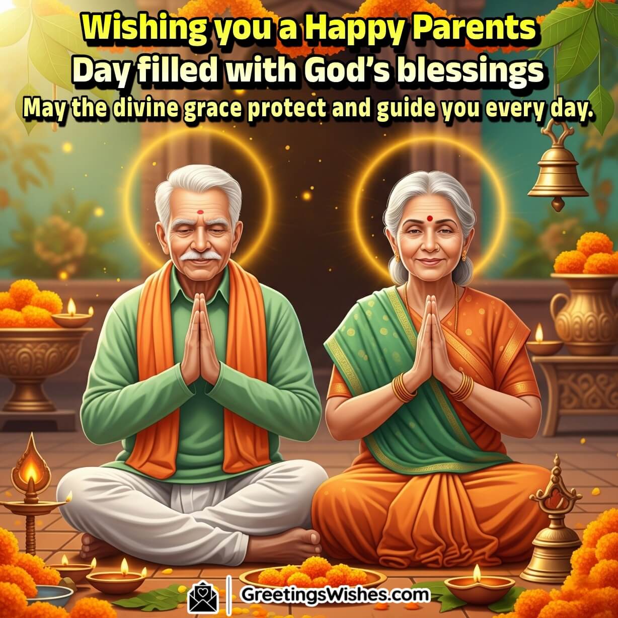 Religious Parents Day Blessings image featuring an elderly Indian couple sitting peacefully in a garden with light divine elements, symbolizing blessings and protection from God.