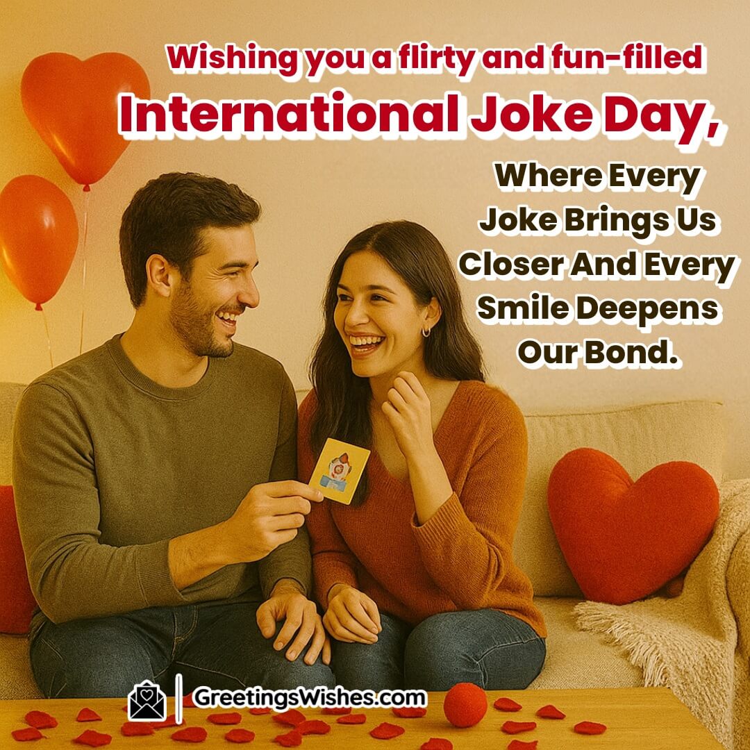 Romantic and Flirty International Joke Romantic International Joke Day Image symbolizing playful love and laughter between a couple in a cozy, joyful setting.