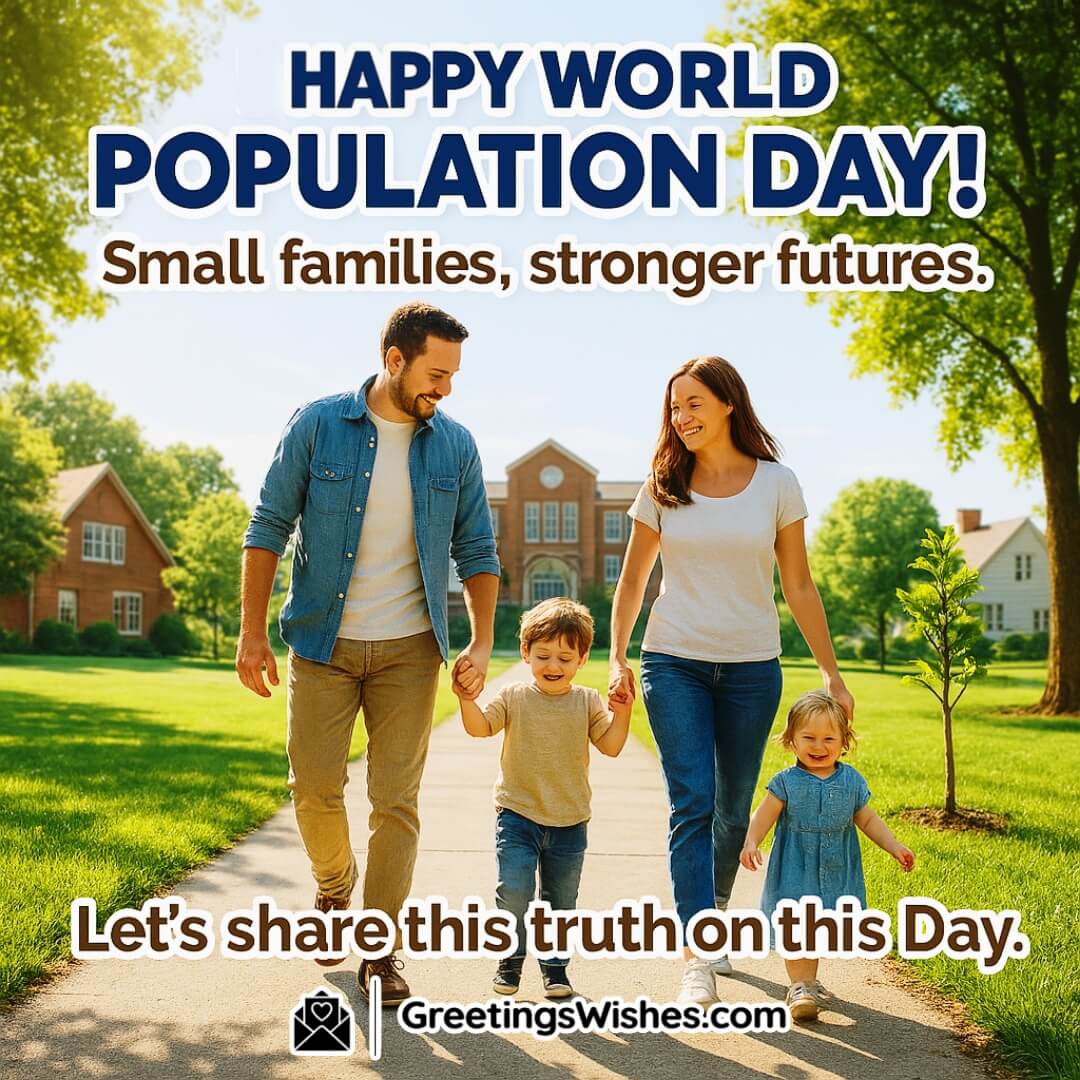 Happy World Population Day Image featuring a joyful small family walking together in a clean green park, symbolizing how choosing smaller families creates stronger and more secure futures.