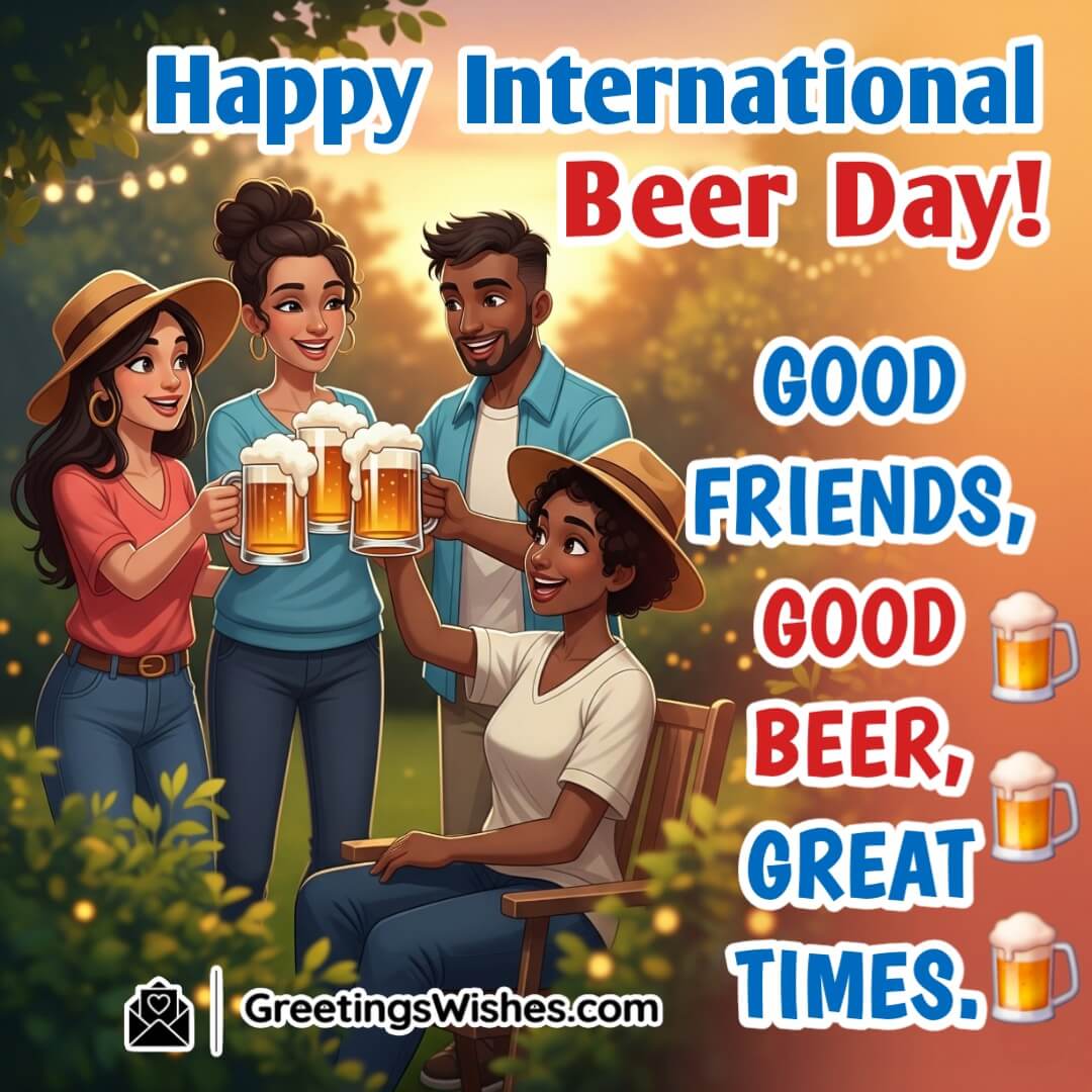 Short International Beer Day Captions And Status Image featuring friends enjoying beer together on a rooftop at sunset, symbolizing friendship, great times, and festive spirit.