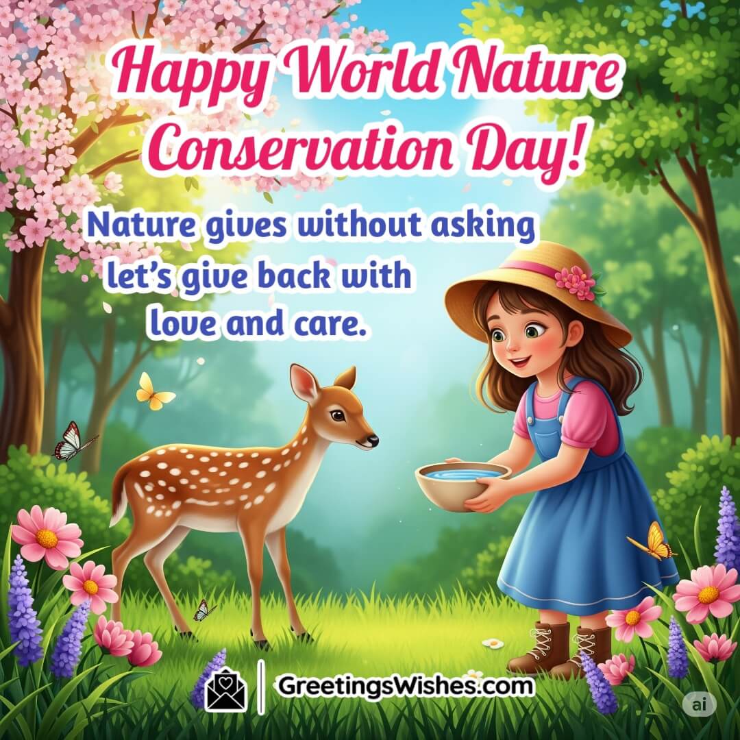 Short Nature Conservation Quotes For Captions featuring a girl offering food to a deer in a colorful garden symbolizing compassion, gratitude, and harmony with nature.