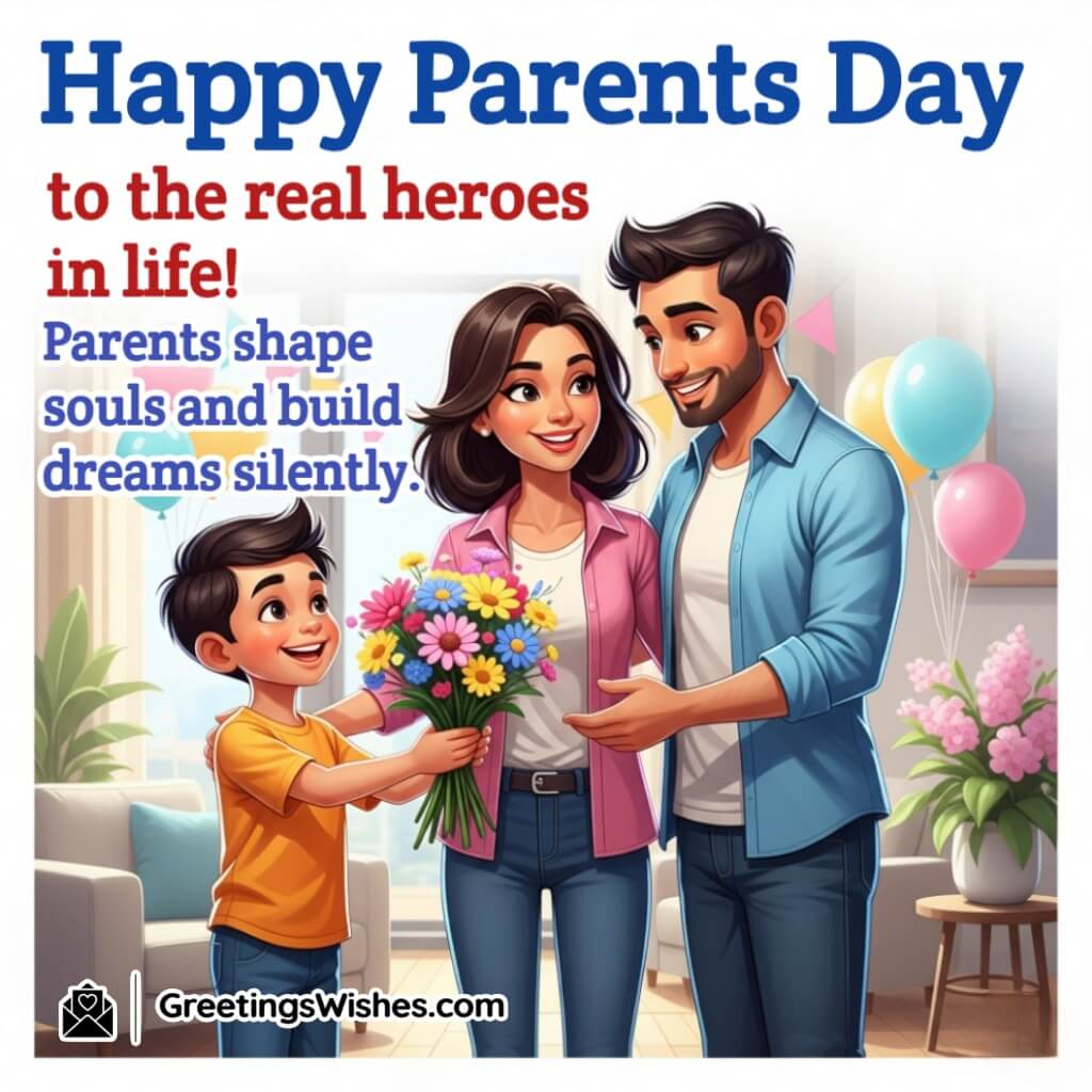 Short Parents Day Image featuring a boy giving flowers to his smiling parents. Symbolizing support and silent devotion.