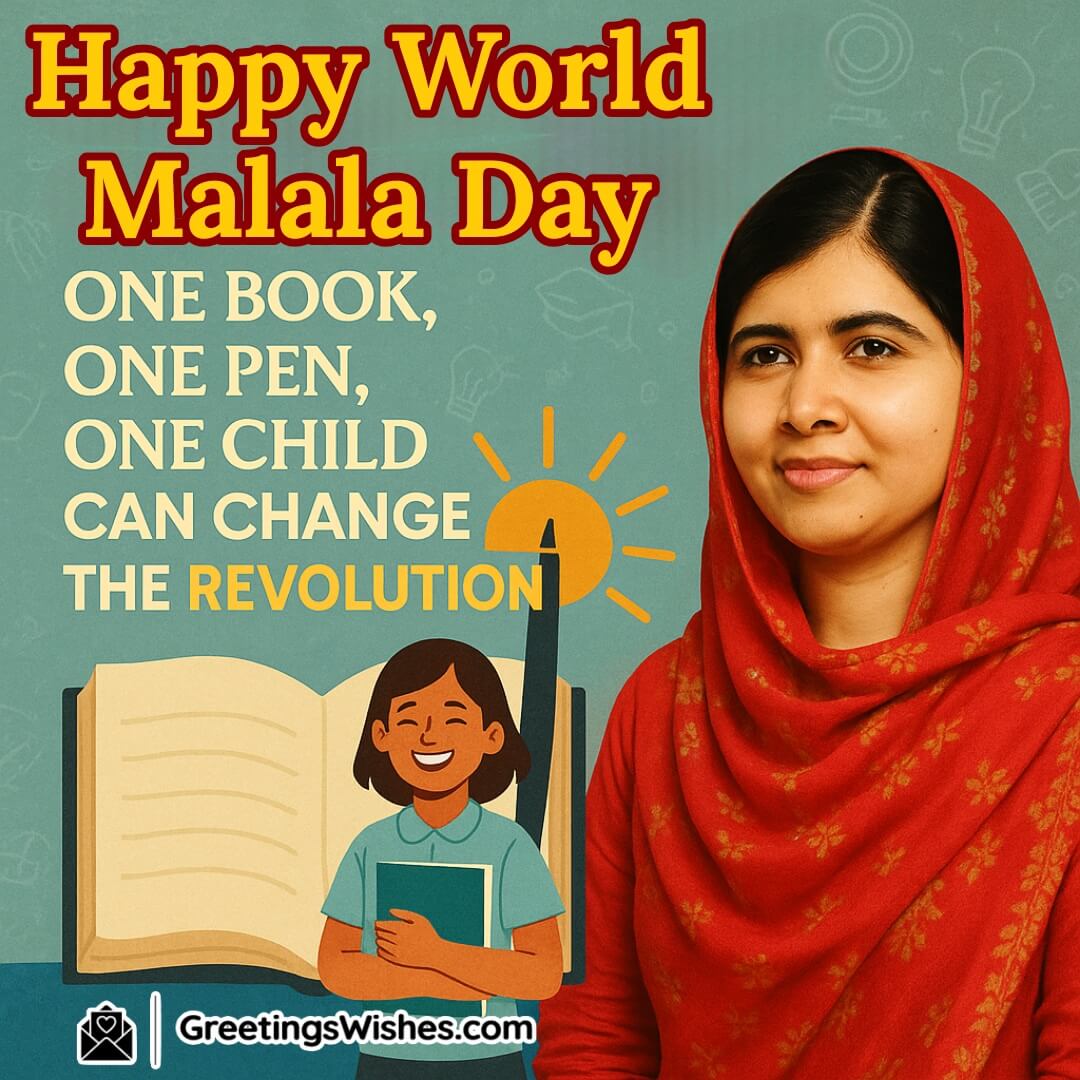 Happy World Malala Day image featuring Malala Yousafzai, a child, and learning tools, symbolizing how education sparks revolutionary change.