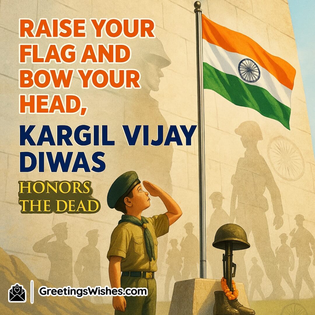 Kargil Vijay Diwas image featuring a young cadet raising the flag before a soldier memorial wall, symbolizing intergenerational respect and tribute to the fallen.