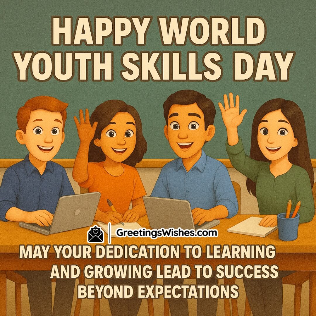 World Youth Skills Day featuring four young adults confidently using laptops and notebooks at a desk, symbolising modern learning and career preparation.