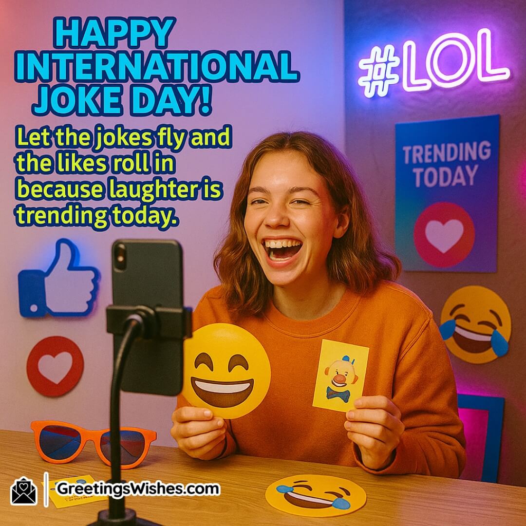 Happy International Joke Day Image symbolizing fun, youth, and trending humor through a social media vibe filled with laughs and bright energy.