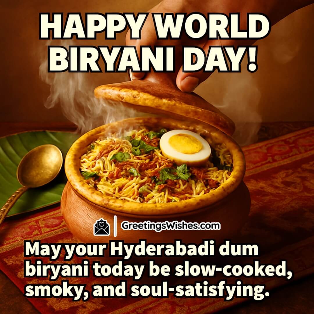 World Biryani Day image featuring Hyderabadi dum biryani in a clay handi with rising steam, symbolizing rich tradition, soulful flavor, and slow-cooked indulgence.