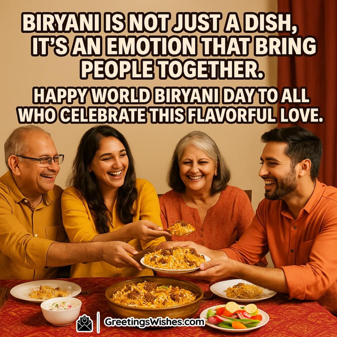 World Biryani Day Quotes About Biryani image featuring a group or family sharing biryani at a festive table, symbolizing togetherness, tradition, and the emotional bond food creates.