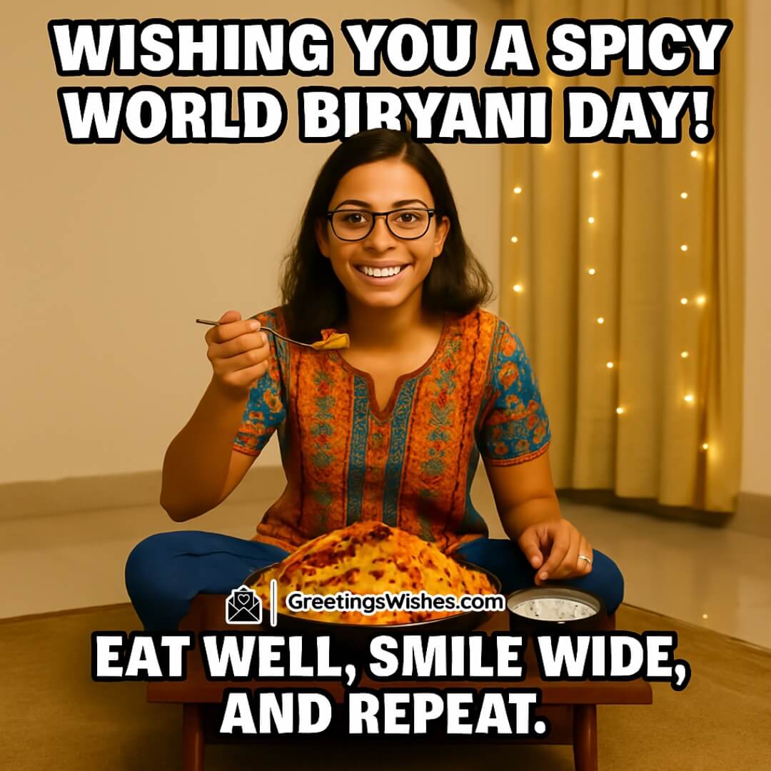 World Biryani Day Short & Crispy Wishes image featuring a full-view smiling person enjoying spicy biryani, symbolizing joyful celebration, bold flavors, and festive food love.