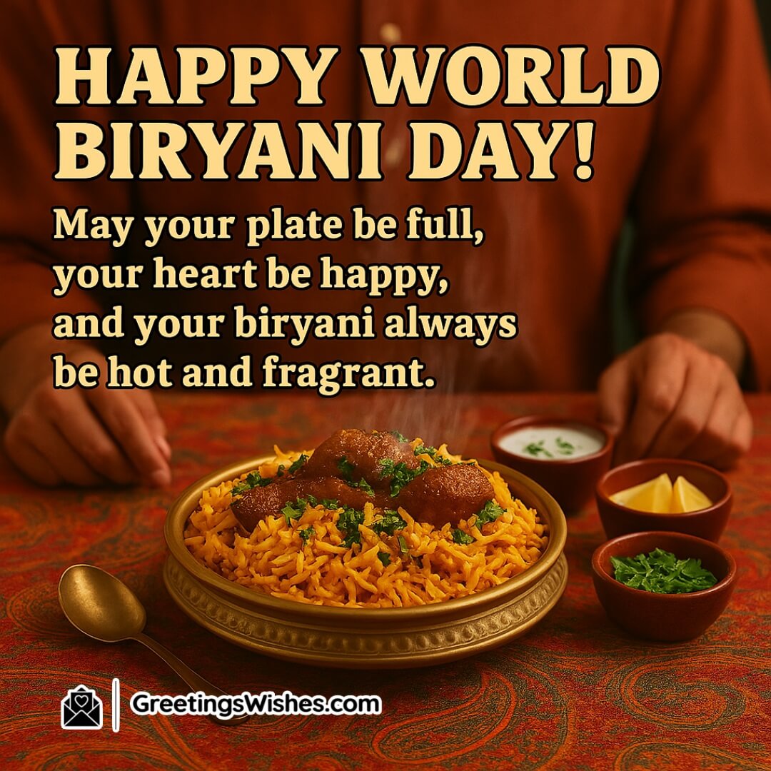 World Biryani Day Wishes For Food Lovers image featuring a steaming plate of biryani with visible spices and garnishes, symbolizing warmth, satisfaction, and the joy of hot, flavorful food.