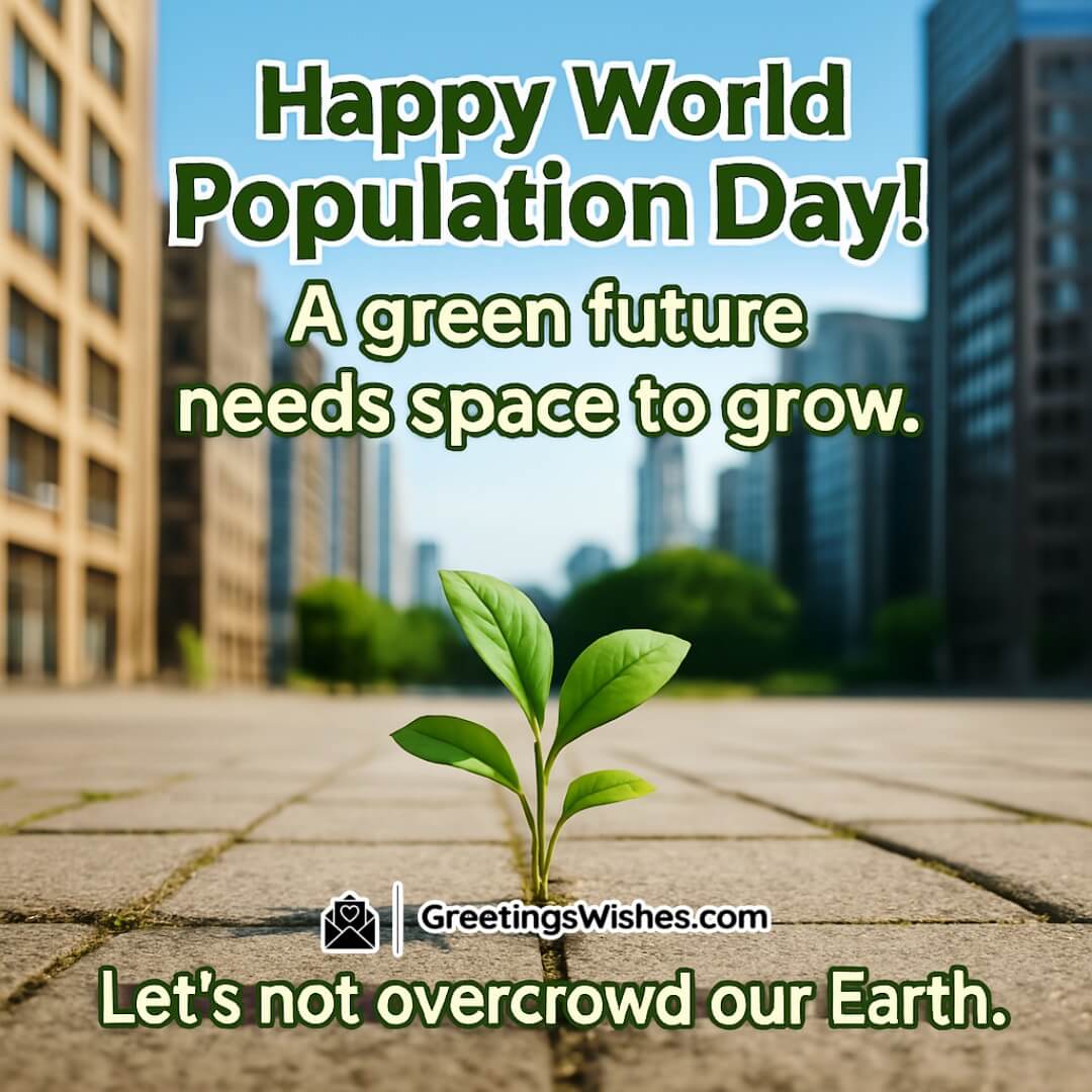 World Population Day Environmental Image featuring a small plant growing through pavement with crowded buildings in the background, symbolizing the shrinking space for nature due to urban overpopulation.