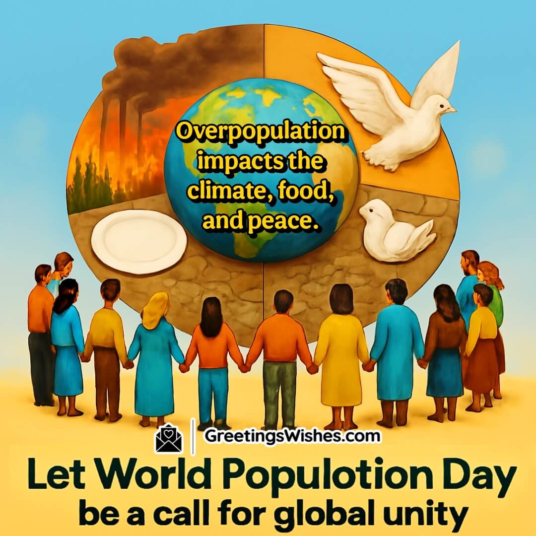 World Population Day Global Responsibility Image featuring Earth surrounded by symbols of climate, hunger, and peace, with people uniting around it, symbolizing a global call for unity and shared responsibility.