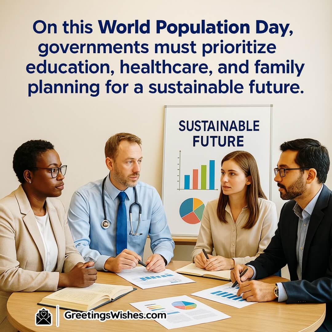 World Population Day Image featuring government officials and experts in a planning meeting, symbolizing commitment to education, healthcare, and population control for a sustainable future.