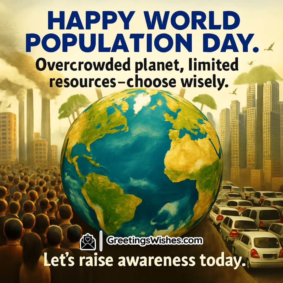 World Population Day Social Media Image featuring Earth tightly surrounded by crowds and structures, with fading greenery around its edge, symbolizing the urgent need to choose sustainability over overcrowding.