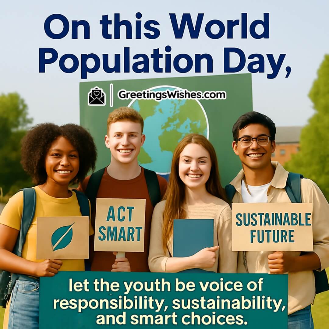 Happy World Population Day Image featuring students holding eco-friendly placards in a schoolyard, symbolizing youth-led responsibility, sustainability, and wise choices.