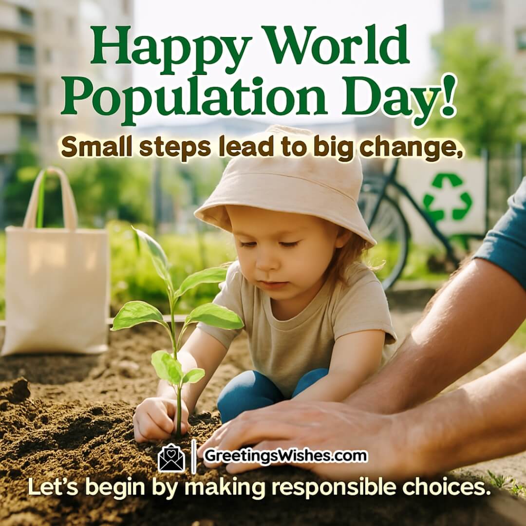 World Population Day Motivational Image featuring a child planting a sapling with adult guidance in a garden, symbolizing simple daily actions toward population awareness and balance.