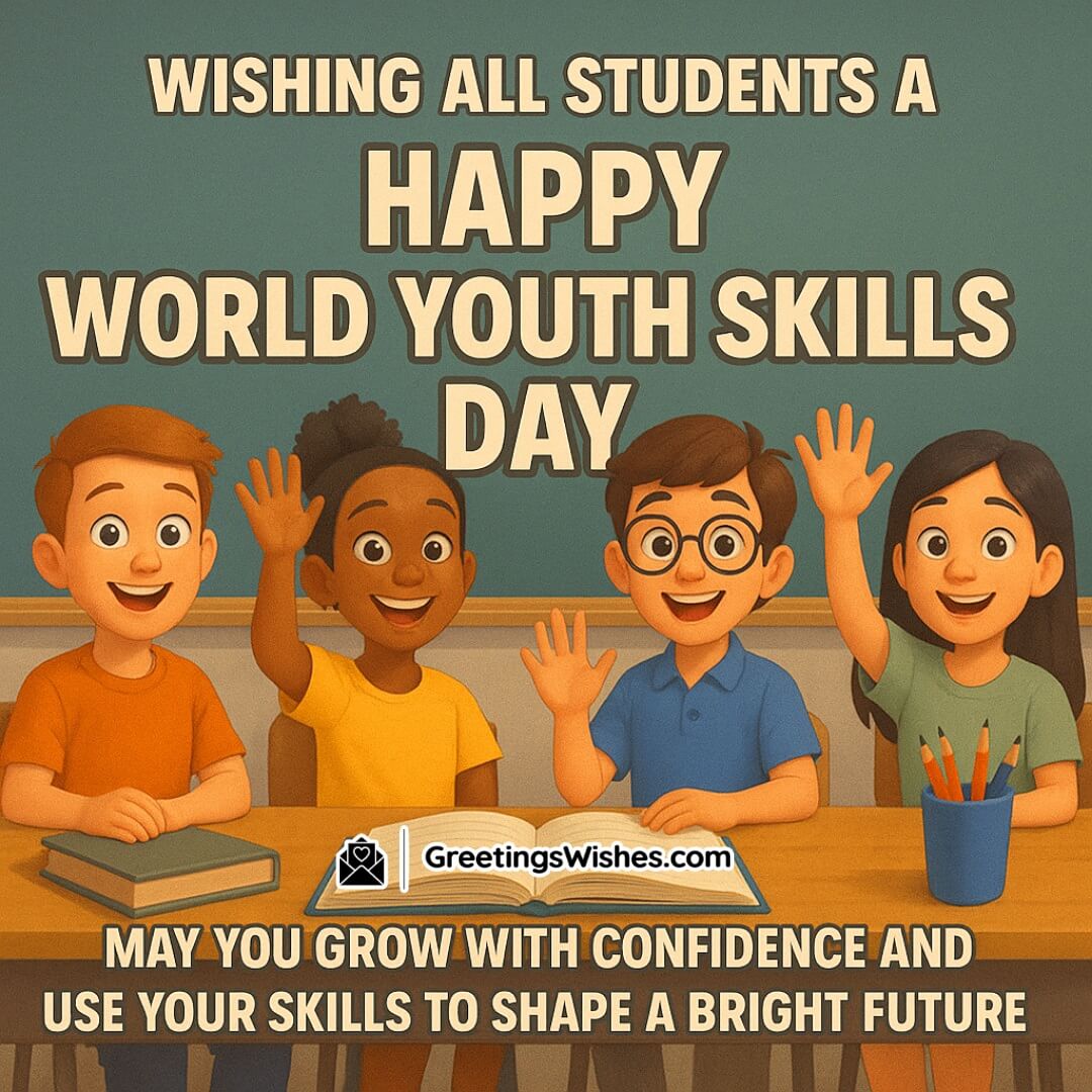 World Youth Skills Day featuring four cheerful students seated in a classroom raising hands, representing engagement, growth, and enthusiasm for learning.