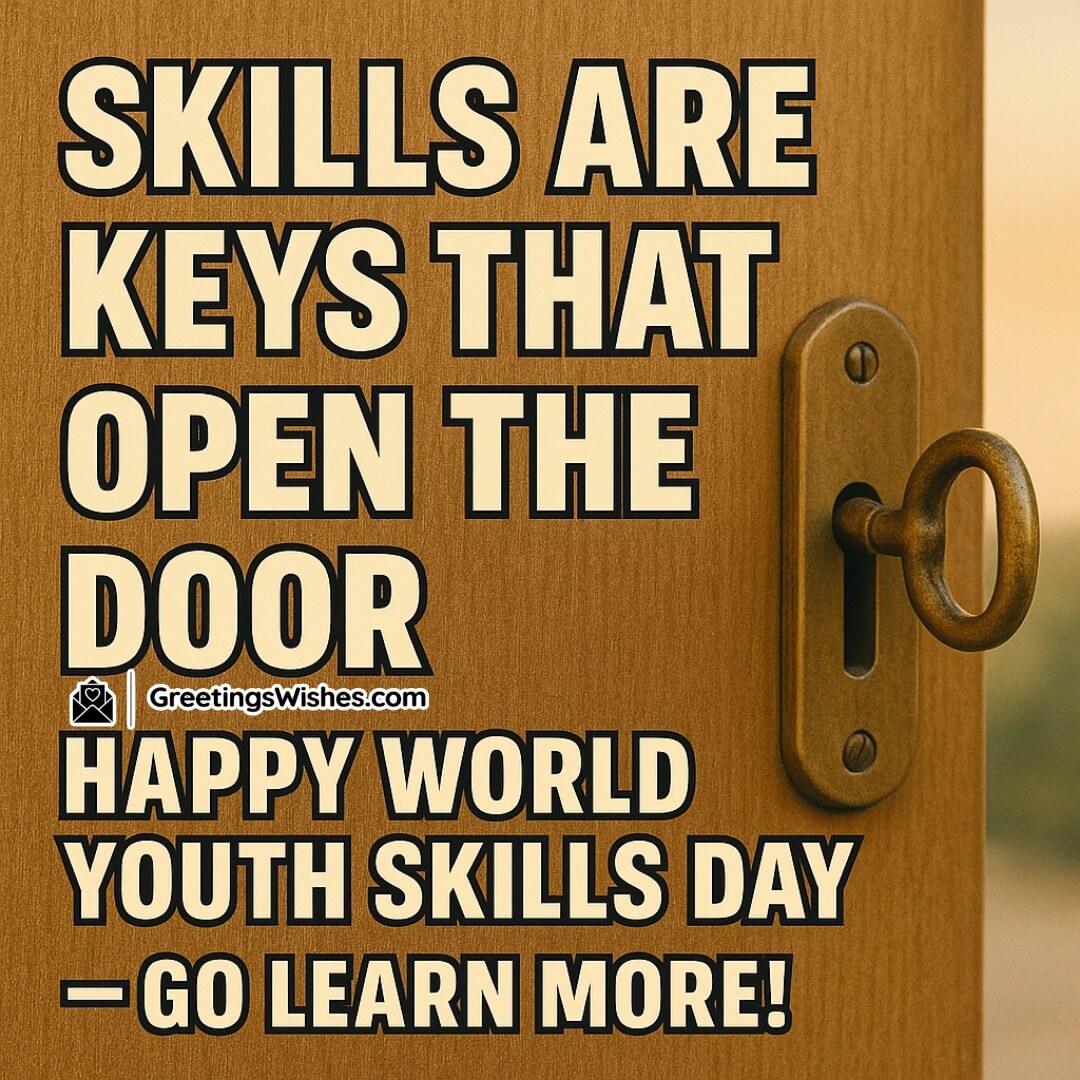 World Youth Skills Day featuring a brass key inserted into a wooden door with all text confined to the wooden surface, symbolising how skills unlock opportunities.
