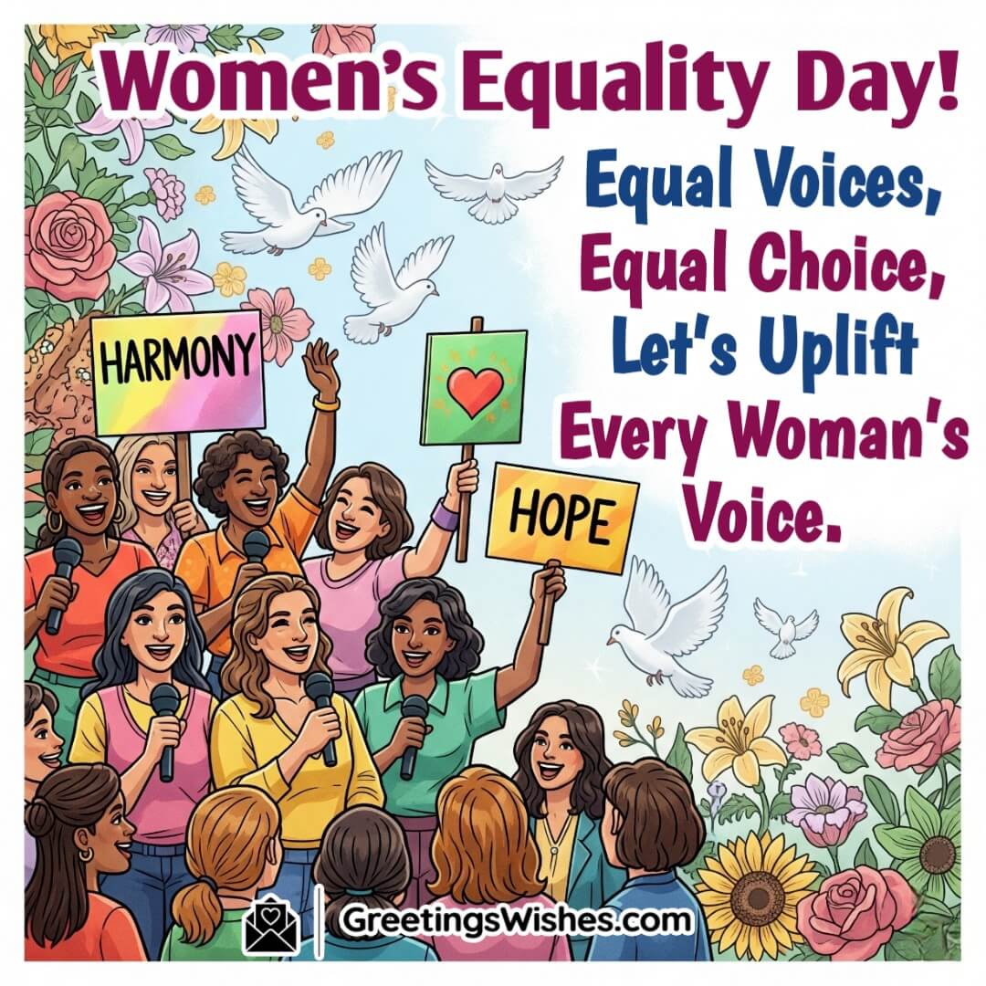 Women’s Equality Day image featuring women with mics and banners, symbolizing equal voice, choice, and empowerment.