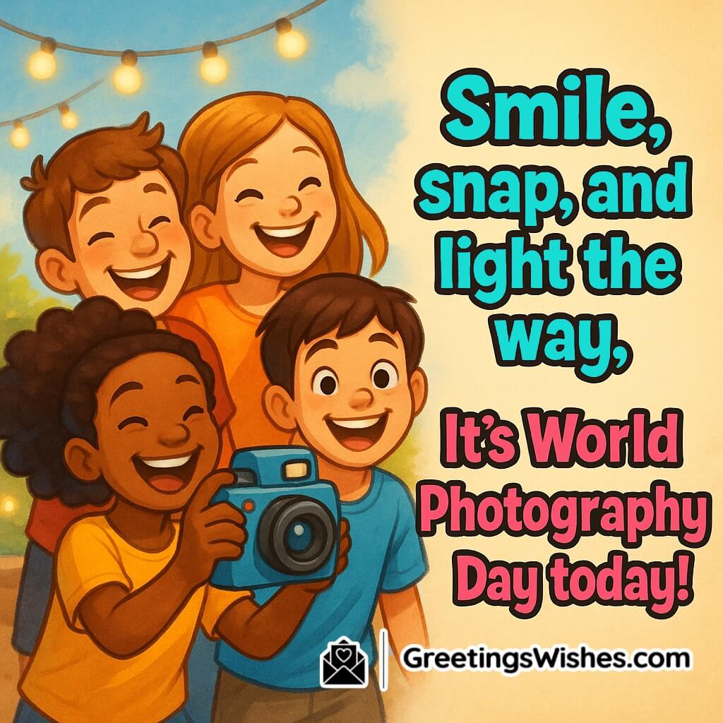 World Photography Day image featuring cheerful kids taking selfies under festive lights, symbolizing joy and celebration through photography.
