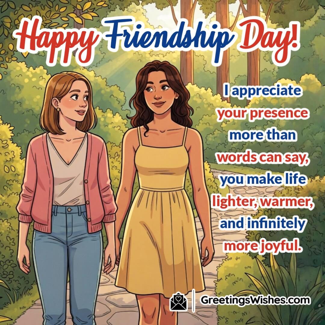 Friendship Day Image featuring two friends walking together through a softly lit park, symbolizing warmth, presence, and the quiet joy of heartfelt appreciation.