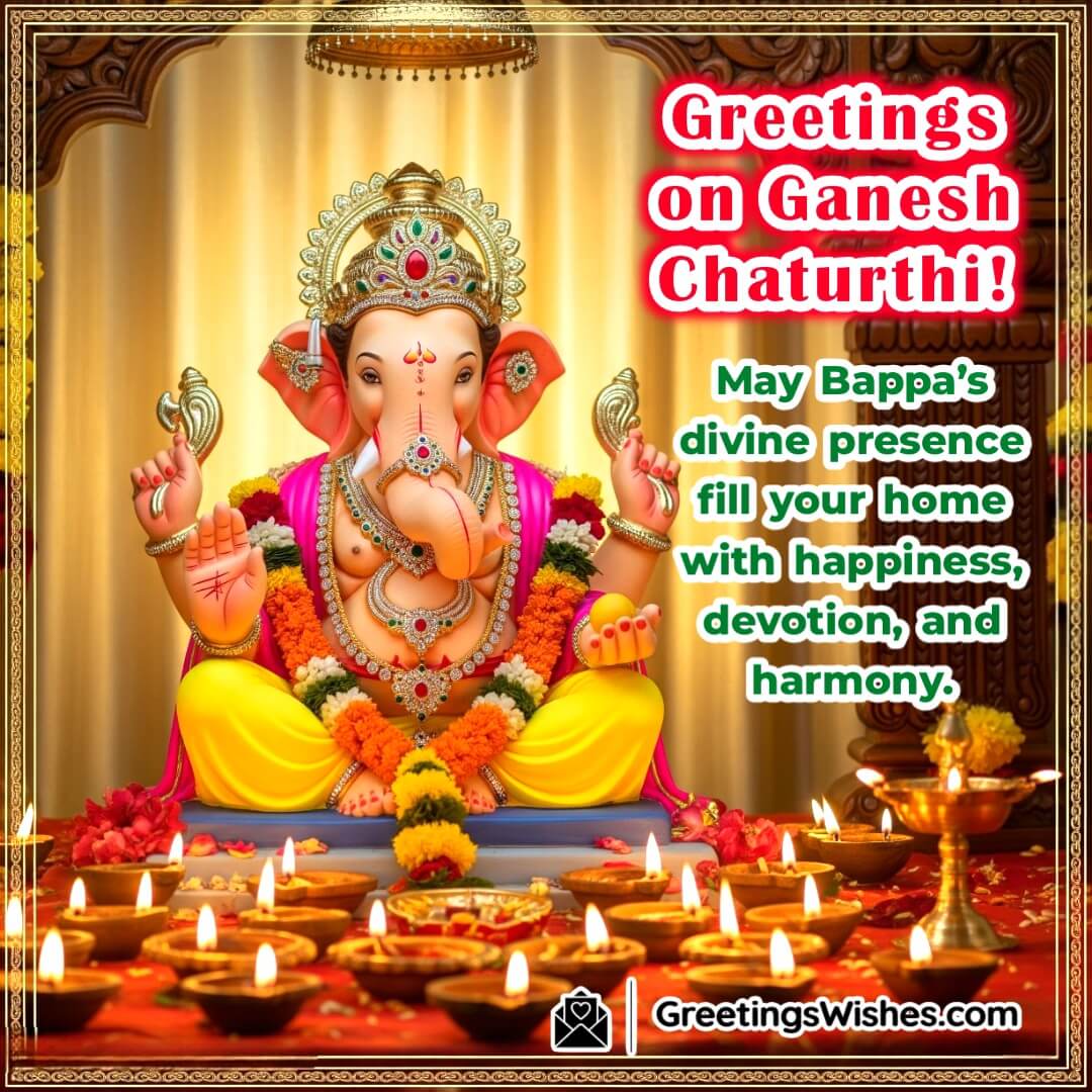 Happy Ganesh Chaturthi image featuring front-facing Ganesha in home temple with gold ornaments and space for greeting message.
