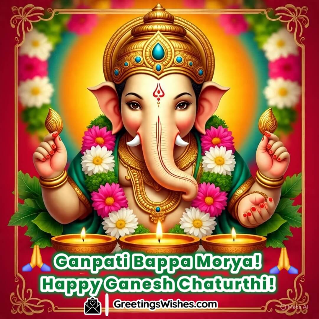 Happy Ganesh Chaturthi image featuring Ganesha with flowers, with space for “Ganpati Bappa Morya” greeting.