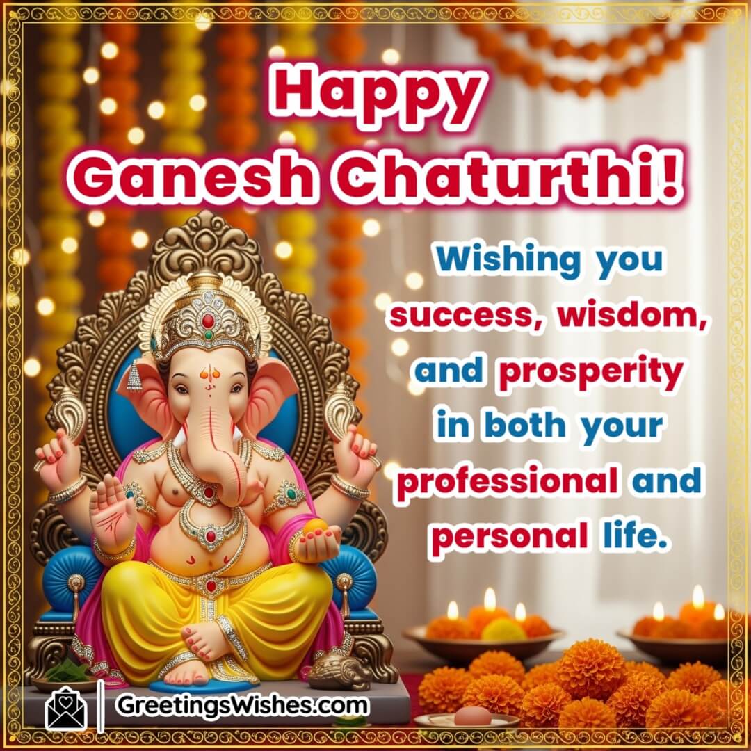 Happy Ganesh Chaturthi image featuring front-facing Lord Ganesha with gold and diamonds, with top and right space for wishes about prosperity and success.