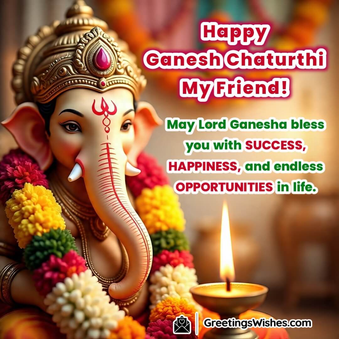 Happy Ganesh Chaturthi image featuring Lord Ganesha in a vibrant pandal with open eyes, symbolizing success, joy, and divine blessings.