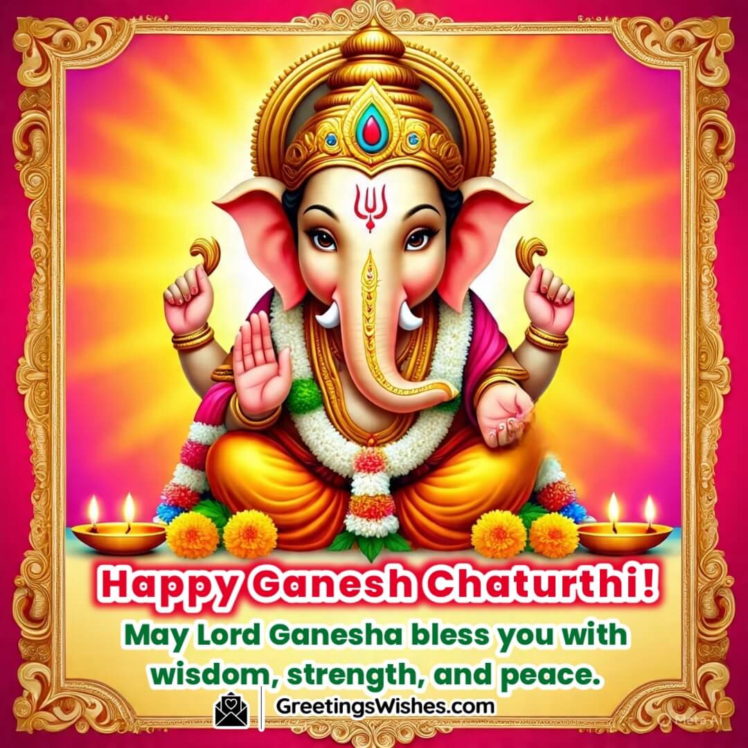 Happy Ganesh Chaturthi image featuring Ganesha with gems and light, symbolizing peace and divine strength.