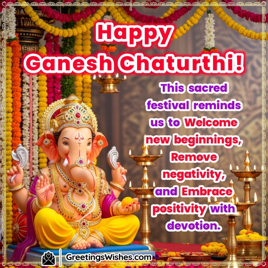 Happy Ganesh Chaturthi image featuring front-facing Ganesha in mandap with gold ornaments and space on top and right for devotional message.