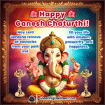 Happy Ganesh Chaturthi image featuring Lord Ganesha in a decorated mandap with open eyes, symbolizing wisdom, happiness, and obstacle removal.