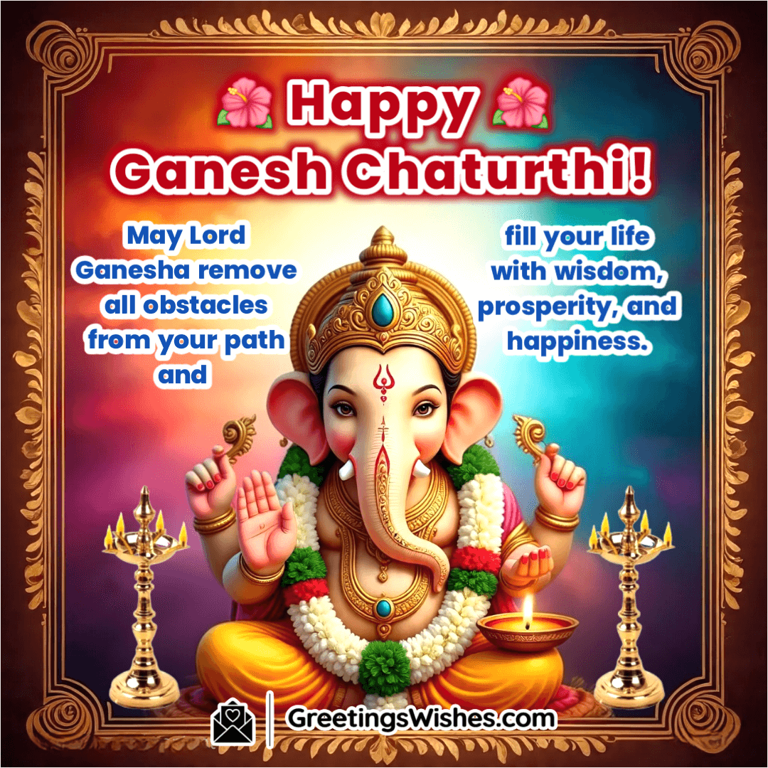 Happy Ganesh Chaturthi image featuring Lord Ganesha in a decorated mandap with open eyes, symbolizing wisdom, happiness, and obstacle removal.