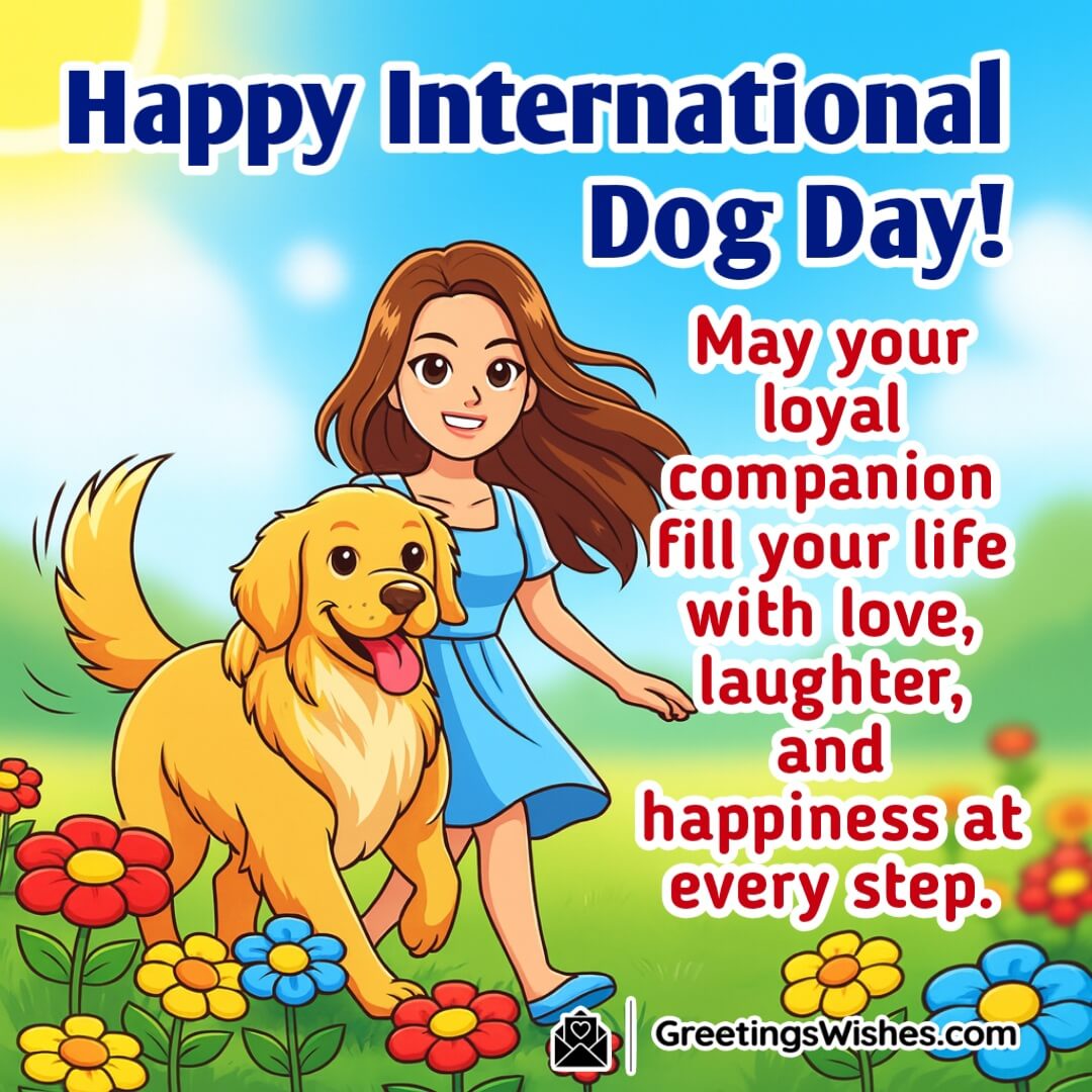 International Dog Day image featuring a joyful dog running with a child in a sunny park, symbolizing love and happiness.
