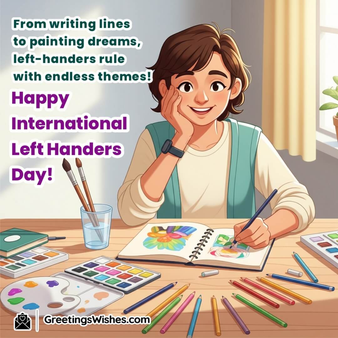 Happy International Left Handers Day Slogans Image featuring a person painting or writing with their left hand surrounded by artistic tools symbolizing limitless creativity and inspiration.