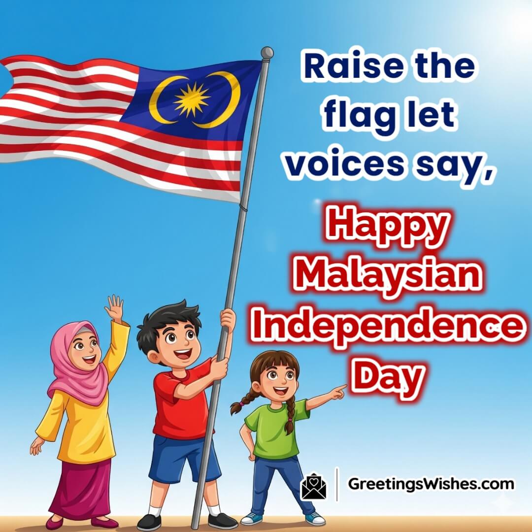 Malaysian Independence Day image featuring children proudly raising the national flag with a bright blue sky above symbolizing unity pride and national spirit.