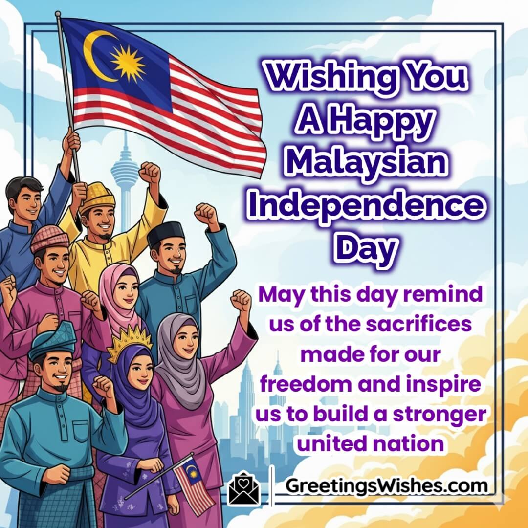 Malaysian Independence Day image featuring people holding the Malaysian flag with warm daylight in the background symbolizing sacrifice freedom and national unity.