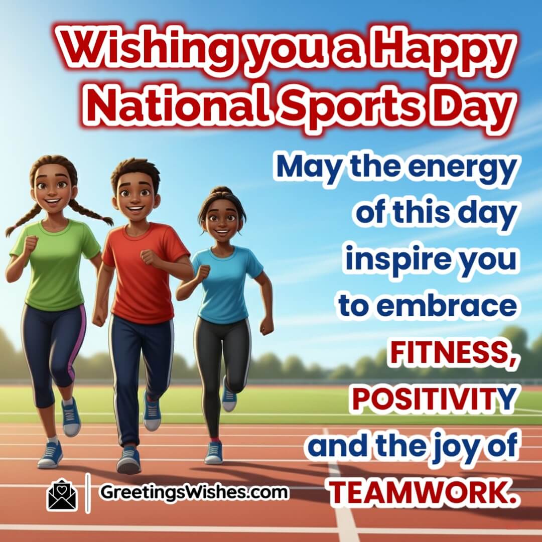 National Sports Day image featuring young athletes running together on a track under bright sunlight symbolizing teamwork energy and a spirit of fitness.