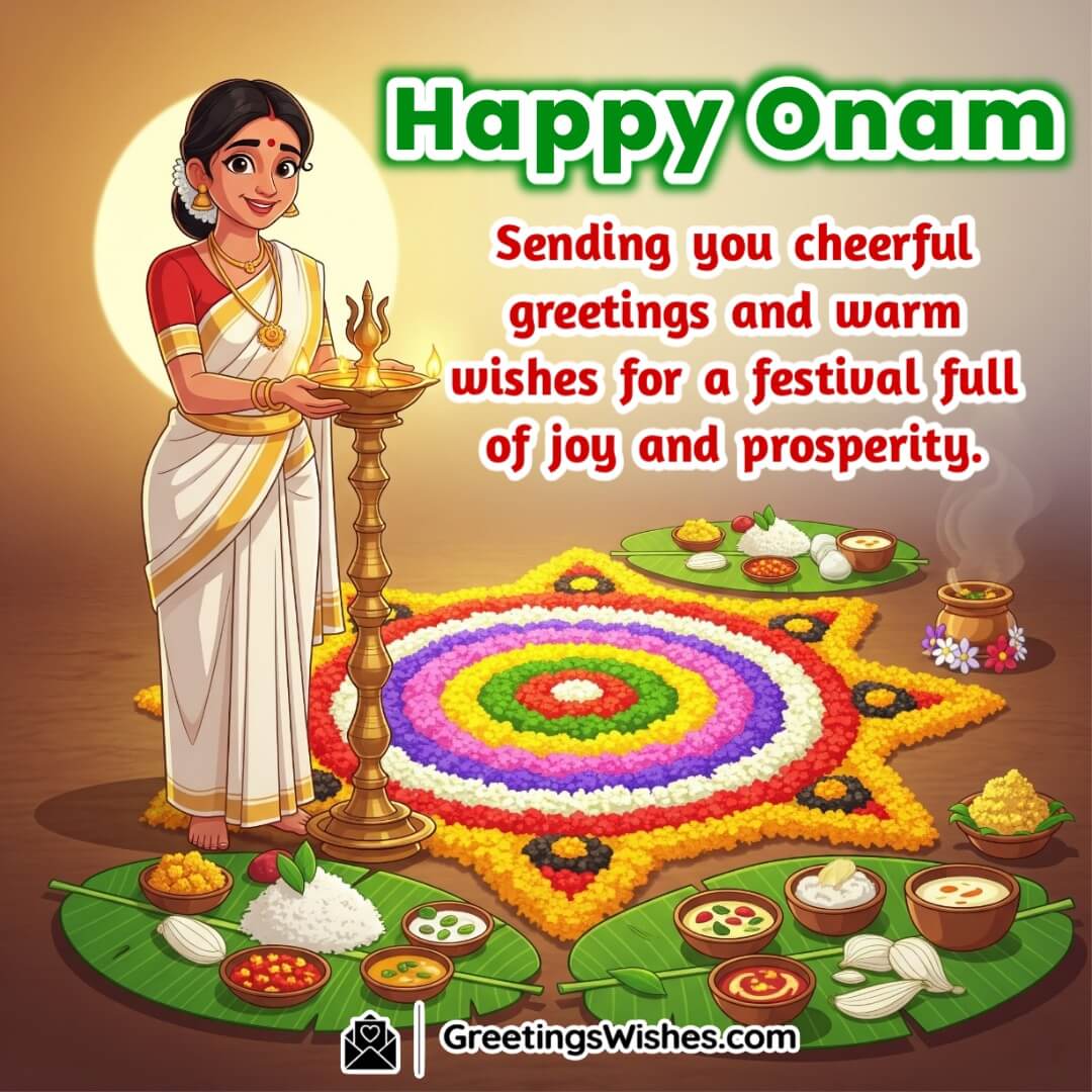 Happy Onam image featuring a woman with flower rangoli and lamp, symbolizing joyful celebration and prosperity.