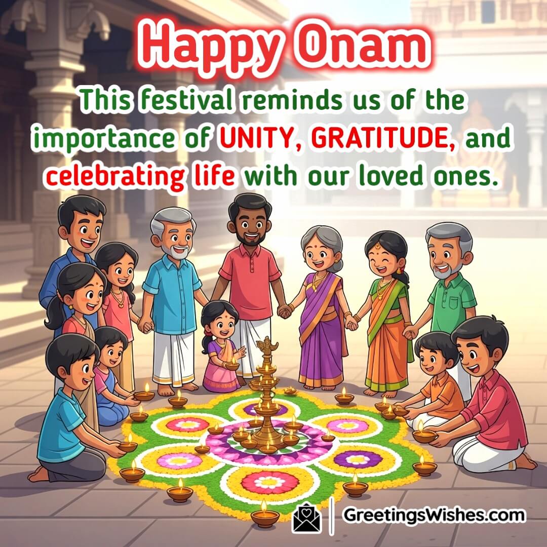 Happy Onam image featuring a group lighting lamps around a rangoli, symbolizing unity, gratitude, and festive celebration.
