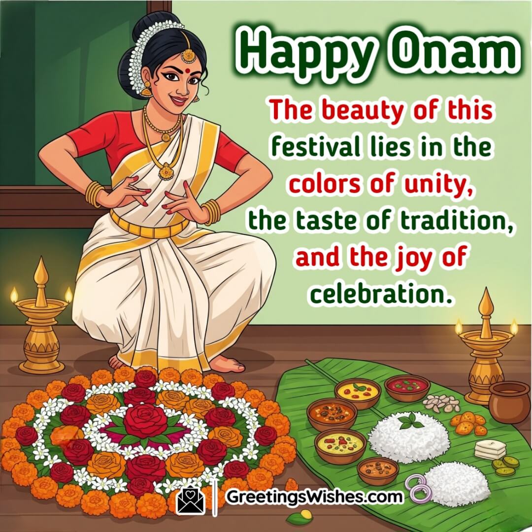Happy Onam image featuring a flower rangoli, sadya meal, and dancer, symbolizing unity, tradition, and celebration.