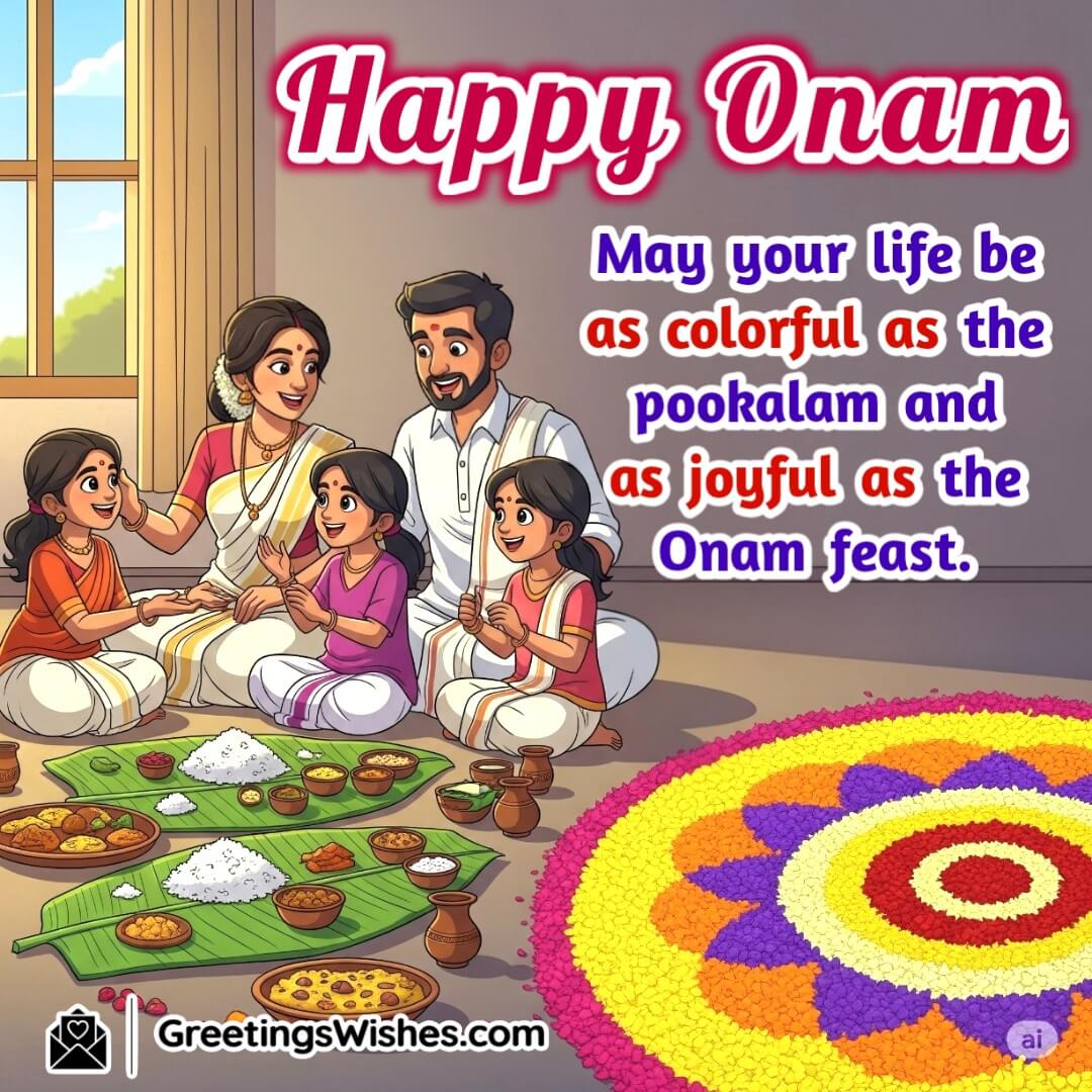 Happy Onam image featuring a colorful Pookalam and joyful Onam feast, symbolizing festive colors and happiness.