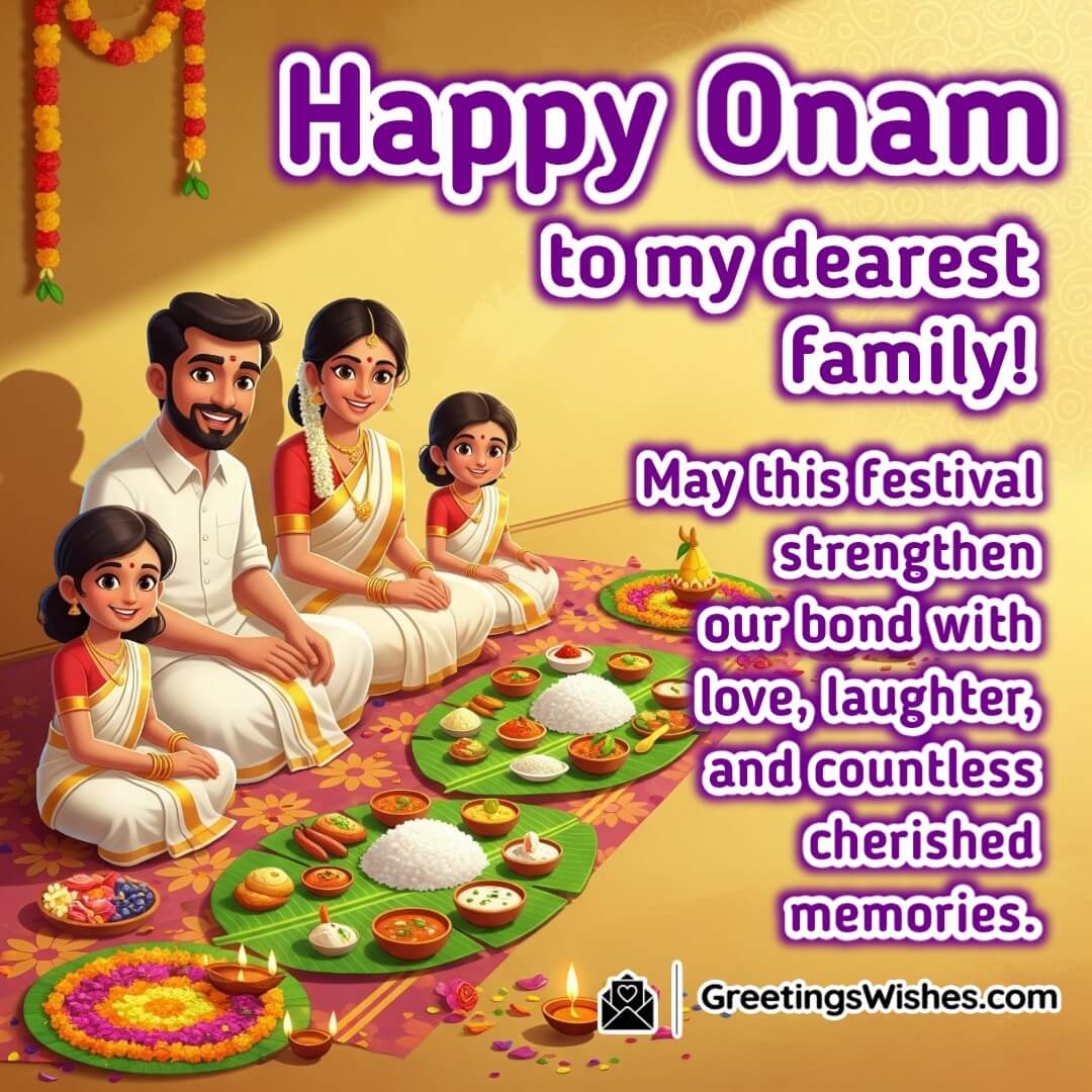 Happy Onam image featuring a family enjoying Onam sadya meal together, symbolizing love, laughter, and togetherness.