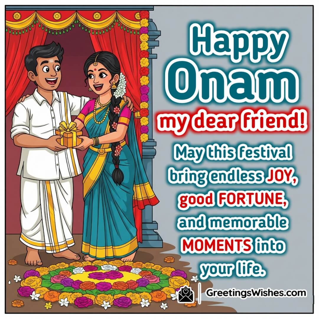 Happy Onam image featuring two friends exchanging gifts near Pookalam, symbolizing friendship, happiness, and celebration.